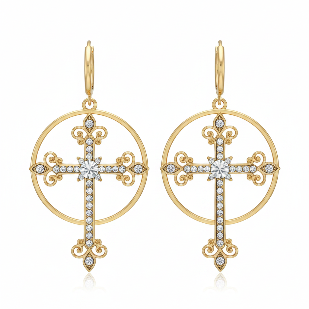 Gold cross hoop earrings on white background