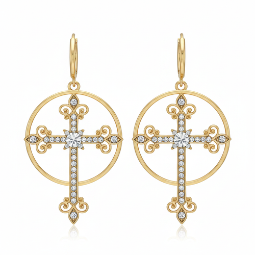 Gold cross hoop earrings on white background