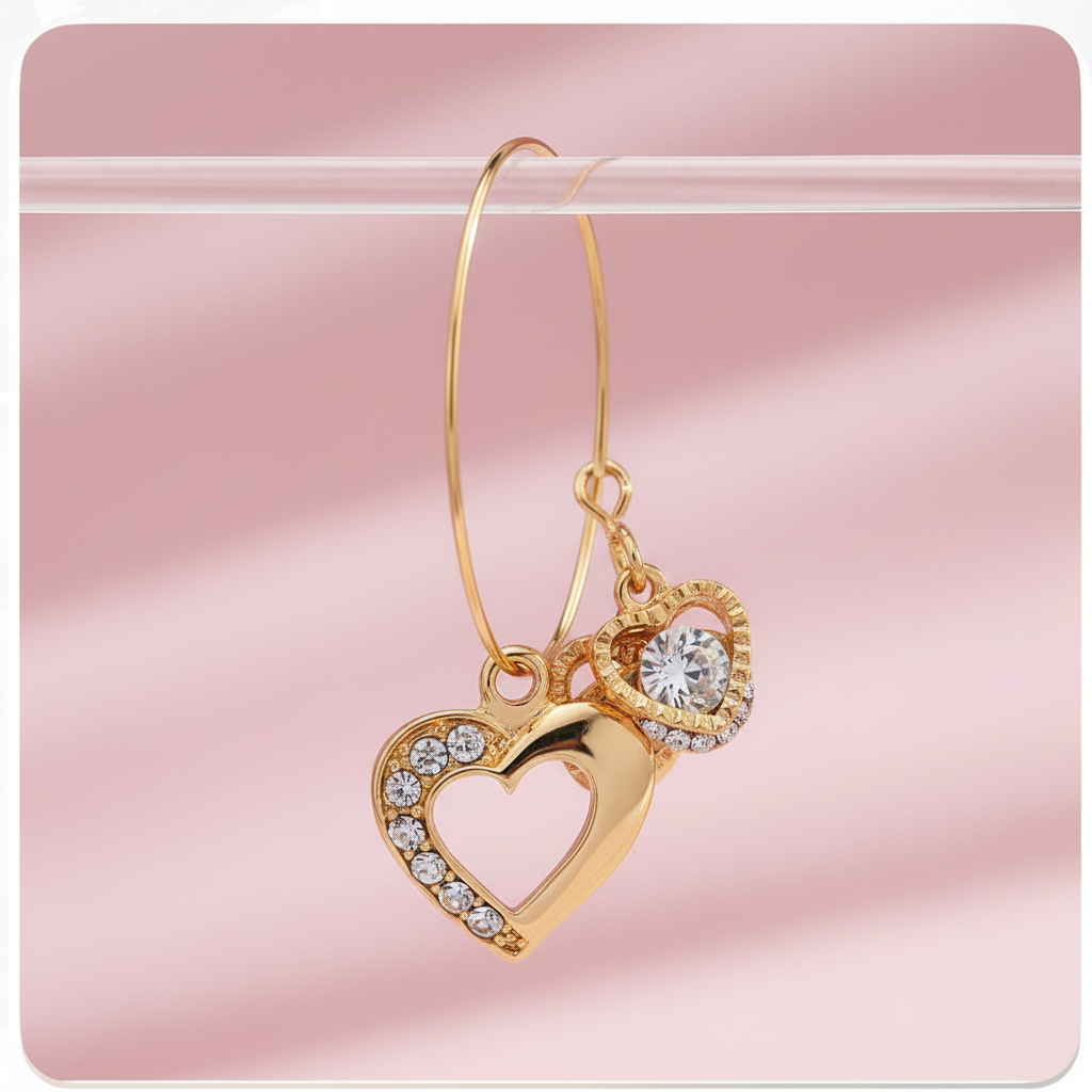 Gold heart charm hoop earring with crystal accents on pink background