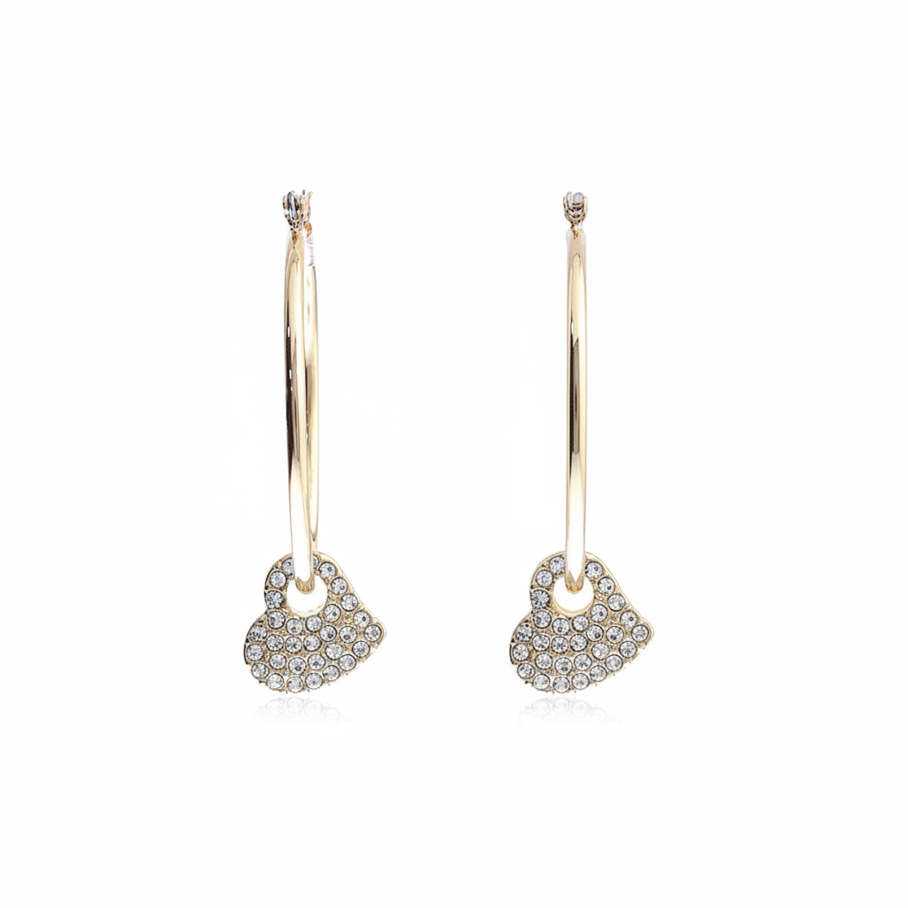 Gold Hoop Earrings with Crystal Heart Charms