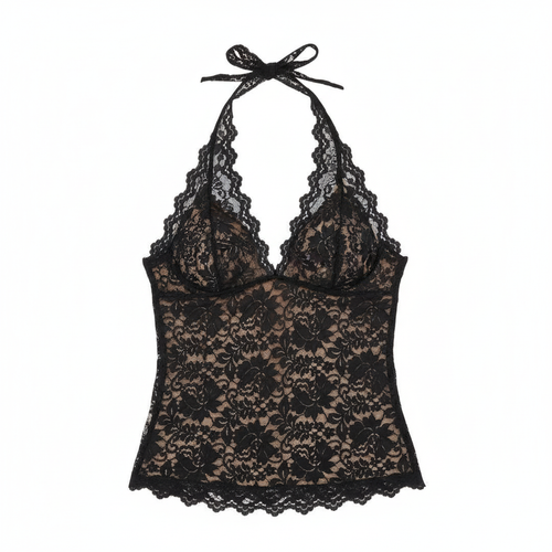 Black lace halter top flat lay product shot