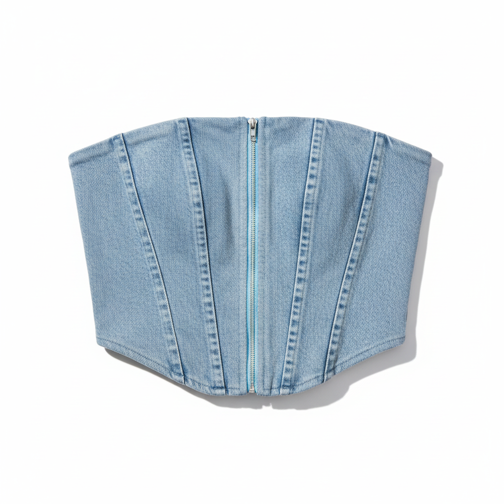 Denim corset tube top flat lay product shot