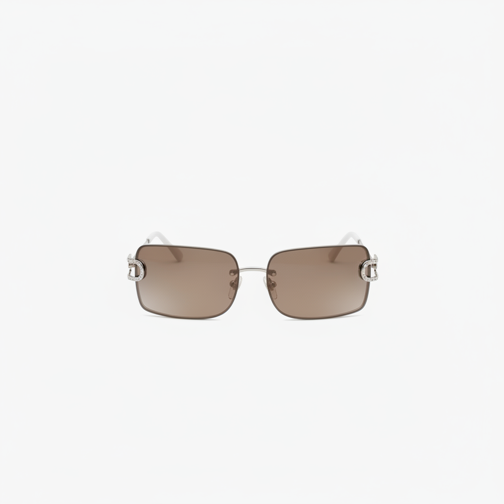 Rimless rectangular sunglasses with silver frames and brown tinted lenses