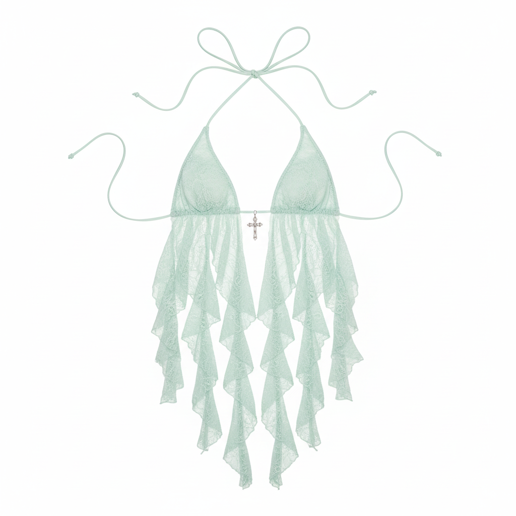 Mint green fringe halter top flat lay product shot