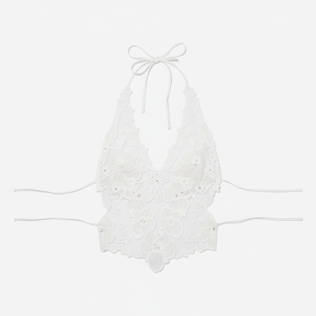 White floral appliqué halter top flat lay product shot