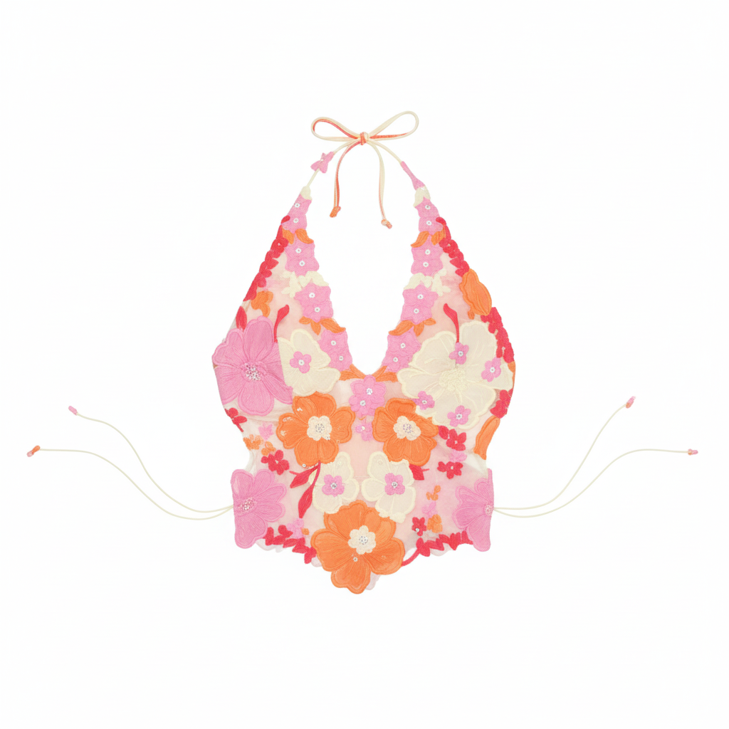 Retro floral halter top flat lay product shot