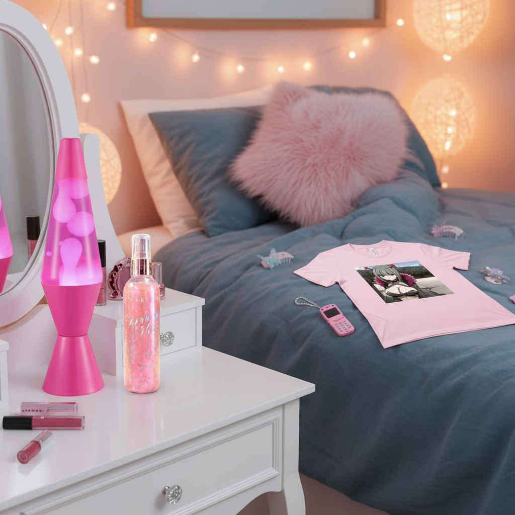 Pink lava lamp and shimmer mist vanity scene with anime tee on bed