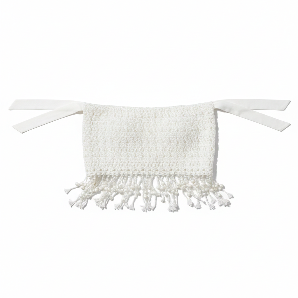 White crochet fringe tube top flat lay product shot