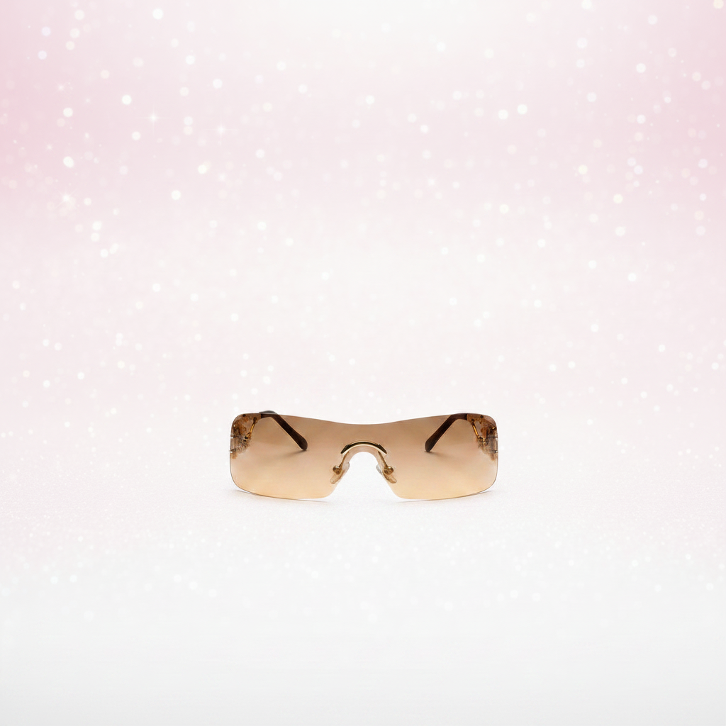 Rimless wraparound shield sunglasses with amber brown gradient lenses on a light pink gradient sparkle background